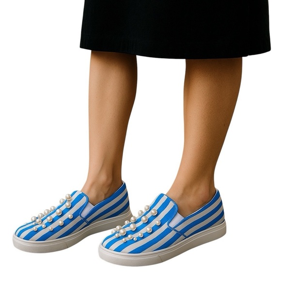 ZARA Pearls Slip-Ons Striped Canvas Sneakers Size 41/9.5 Barbicore Beach… - Picture 5 of 11